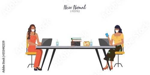 Business office people maintain social distancing meeting room and co working space. Stop covid-19 coronavirus. New normal lifestyle in job.