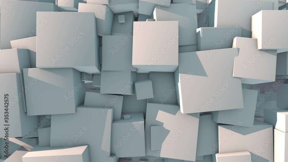 3D animation of a white background. The surface splits into many cubes of different sizes. The cubes jump and merge back into one plane. 4K animation with the possibility of continuous playback.