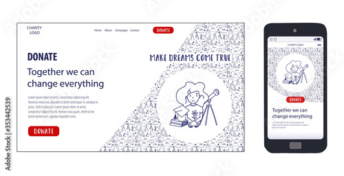 Doodle mobile and website template for Charity education and Donate online.