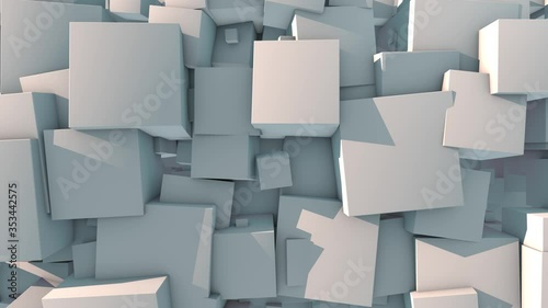 3D animation of a white background. The surface splits into many cubes of different sizes. The cubes jump and merge back into one plane. 4K animation with the possibility of continuous playback.