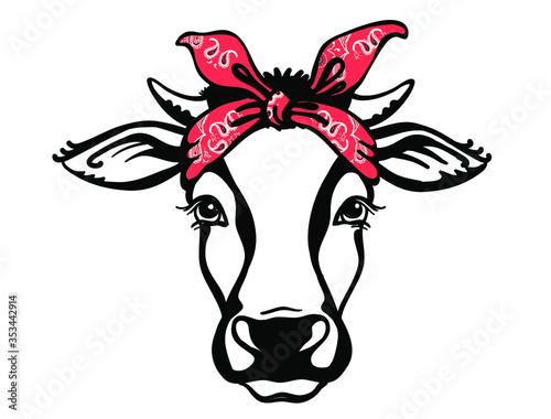 Cow head with red bandanas. Vector black graphic illustration isolated on white. Farm animal. Cow portrait printable file