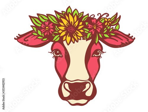 Cow head with floral wreath. Vector black graphic illustration isolated on white. Farm animal. Cow portrait printable file
