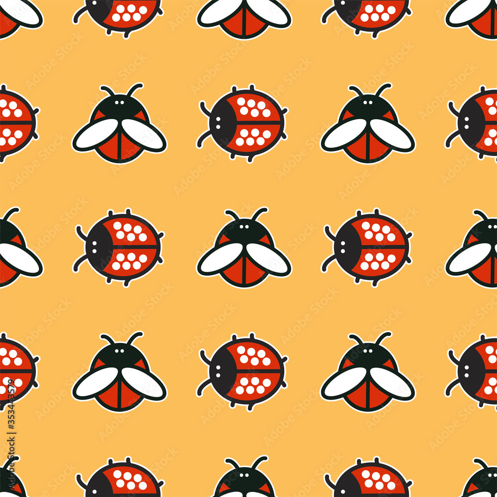 Seamless pattern with ladybirds and beetles on yellow background