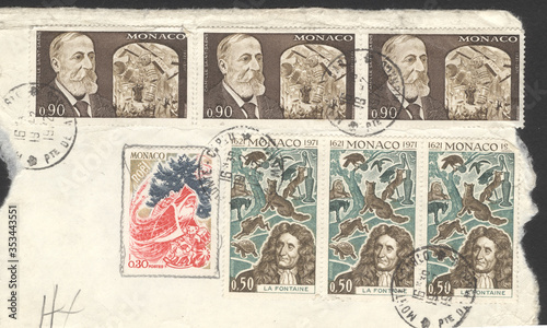 Monaco postage stamp. Monaco historical stamp. A postage stamp printed in Monaco. Monaco postage stamp for envelope.