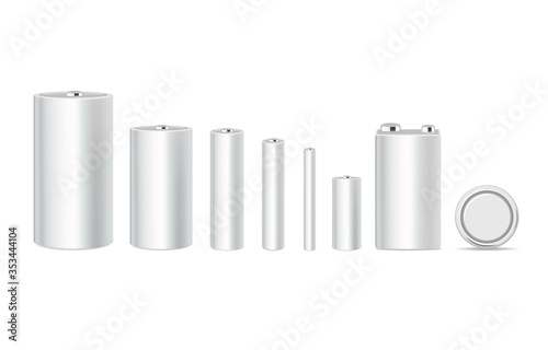 Set of white alkaline batteries of various sizes AA, C, D, AAAA, 9-volt, button for your design, vector. photo