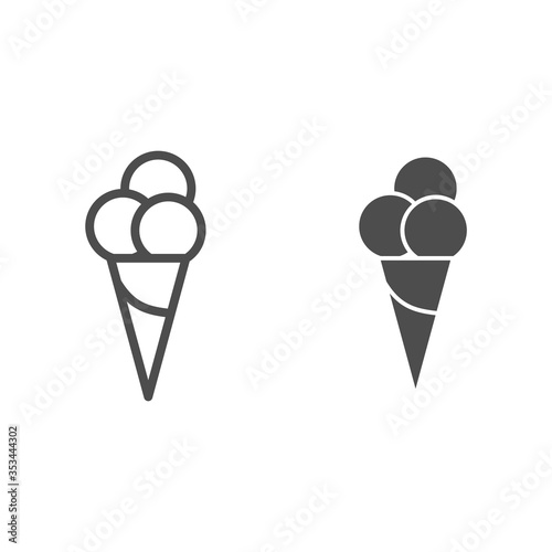 Ice cream line and solid icon, Summer concept, three ice cream balls in cone waffle sign on white background, Ice-cream icon in outline style for mobile concept and web design. Vector graphics.