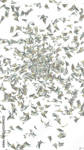 Flying dollars banknotes isolated on white background. Money is flying in the air. 100 US banknotes new sample. 3D illustration