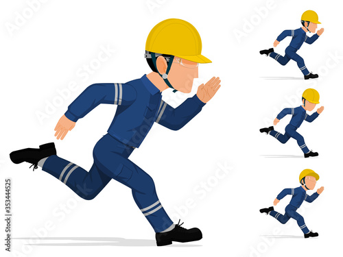 An industrial worker is running on white background