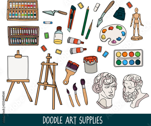 Vintage doodle icon with art supplies doodle on isolated background. Collection of art supplies doodle for concept design. Creative art concept, vector illustration. Education object. 