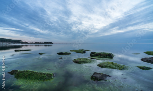 Southern coast of the Finnish Gulf. Rocks covered with green seaweed in the Baltic sea. Smooth transparent reflective water. Blue hour after sunset. Clouds concentrating in the middle. Estonia, Baltic