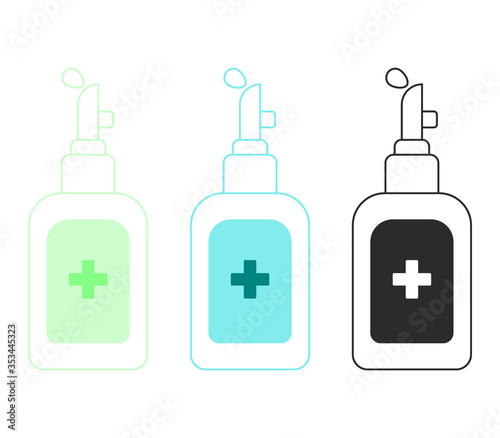 Outline hand sanitizer pump color bottle, washing gel.Alcohol rub sanitizers kill most bacteria, fungi and stop some viruses such as corona virus. Hygiene product. Sanitizer full bottle with vector