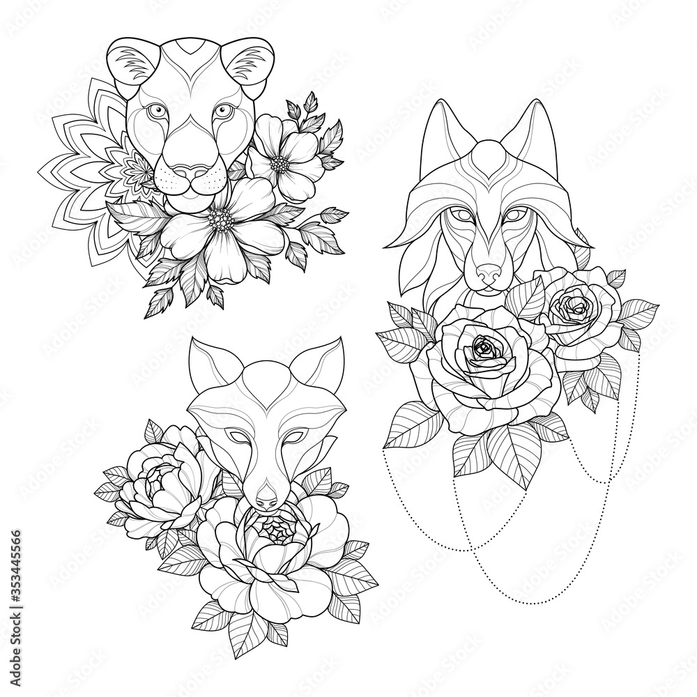 Set of three tattoo sketch with panther, wolf, fox, flowers and mandala for Henna  drawing and tattoo template. Animal tattoo. Vector illustration Stock  Vector | Adobe Stock