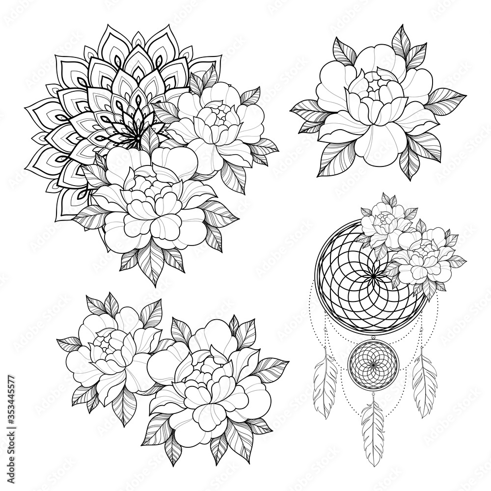 Set of four tattoo sketch with peony flowers, mandala and dreamcatcher  amulet for Henna drawing and tattoo template. Animal tattoo. Vector  illustration Stock Vector | Adobe Stock