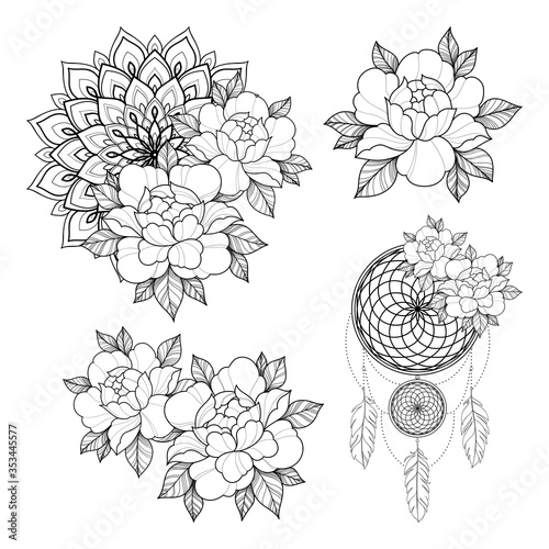 Set of four tattoo sketch with peony flowers, mandala and dreamcatcher amulet for Henna drawing and tattoo template. Animal tattoo. Vector illustration