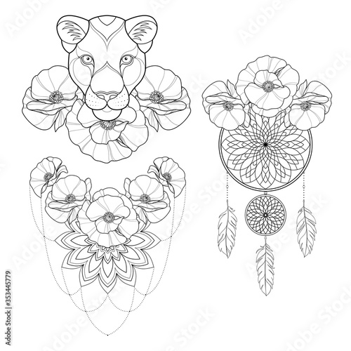 Set of three tattoo sketch with panther, dreamcatcher amulet, poppy flowers and mandala for Henna drawing and tattoo template. Flower  tattoo. Vector illustration