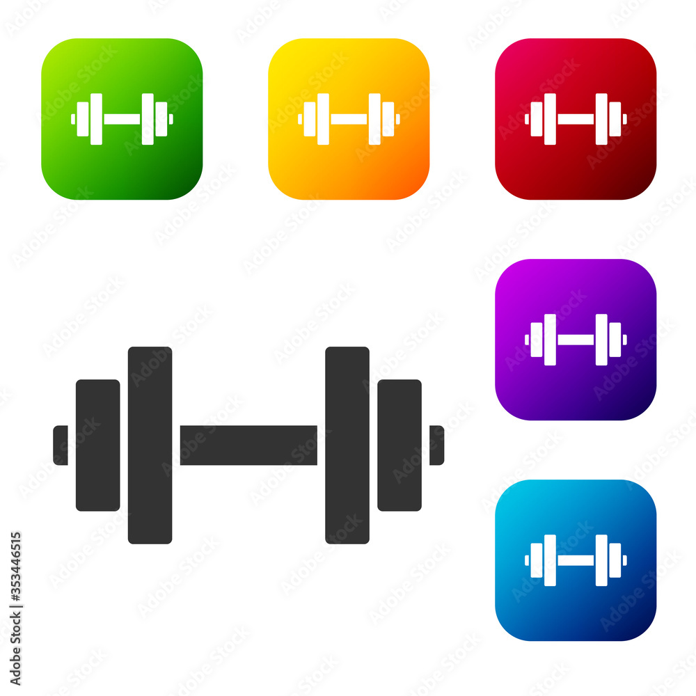 Black Dumbbell icon isolated on white background. Muscle lifting icon, fitness barbell, gym, sports equipment, exercise bumbbell. Set icons in color square buttons. Vector Illustration. Black Dumbbell icon isolated on white background. Muscle lifting icon, fitness barbell, gym, sports equipment, exercise bumbbell. Set icons in color square buttons. Vector Illustration.