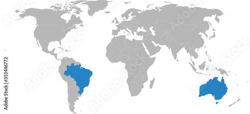 Brazil  Australia countries isolated on world map. Light gray background. Business concepts  diplomatic  trade and transport relations.