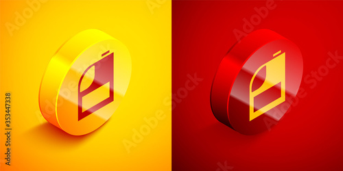 Isometric Canister for motor machine oil icon isolated on orange and red background. Oil gallon. Oil change service and repair. Engine oil sign. Circle button. Vector Illustration.