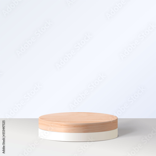 Abstract minimal scene with geometric forms. cylinder wood podium in white background. product presentation, mock up, show cosmetic product, Podium, stage pedestal or platform. 3d vector