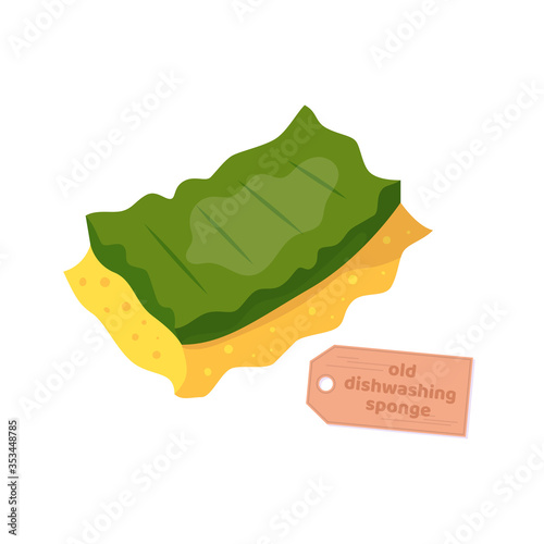 Green and yellow washcloth, dishwashing sponge isolated on white. Cleaning symbol. Vector cartoon flat illustration.