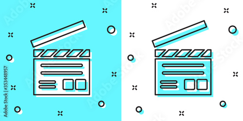 Black line Movie clapper icon isolated on green and white background. Film clapper board. Clapperboard sign. Cinema production or media industry. Random dynamic shapes. Vector Illustration.