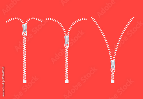 Open zipper teeth metal fastener isolated illustration. Unzip sewing black lock plastic zip buckle