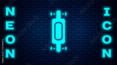 Glowing neon Longboard or skateboard cruiser icon isolated on brick wall background. Extreme sport. Sport equipment. Vector Illustration.