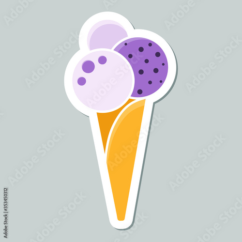 Vector ice cream cone sticker isolated on gray background. Food design elements for the menu, bakery logo, web, postcards, stickers.