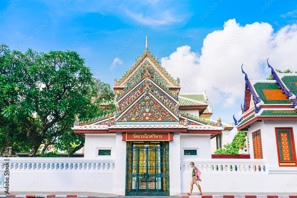 Bangkok, Thailand - 20 April, 2020 : The scenic architecture of the Ubosot to the Wat Bowonniwet, Ratchaworawihan