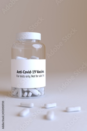 Covid-19 vaccine pills in a bottle. Testing sample of vaccine.