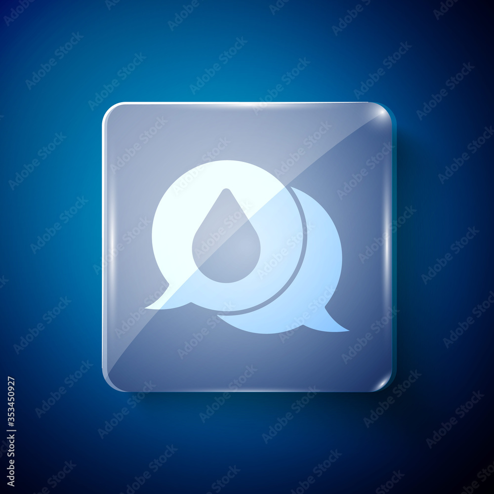 White Water drop with speech bubbles icon isolated on blue background. Square glass panels. Vector Illustration. White Water drop with speech bubbles icon isolated on blue background. Square glass panels. Vector Illustration.