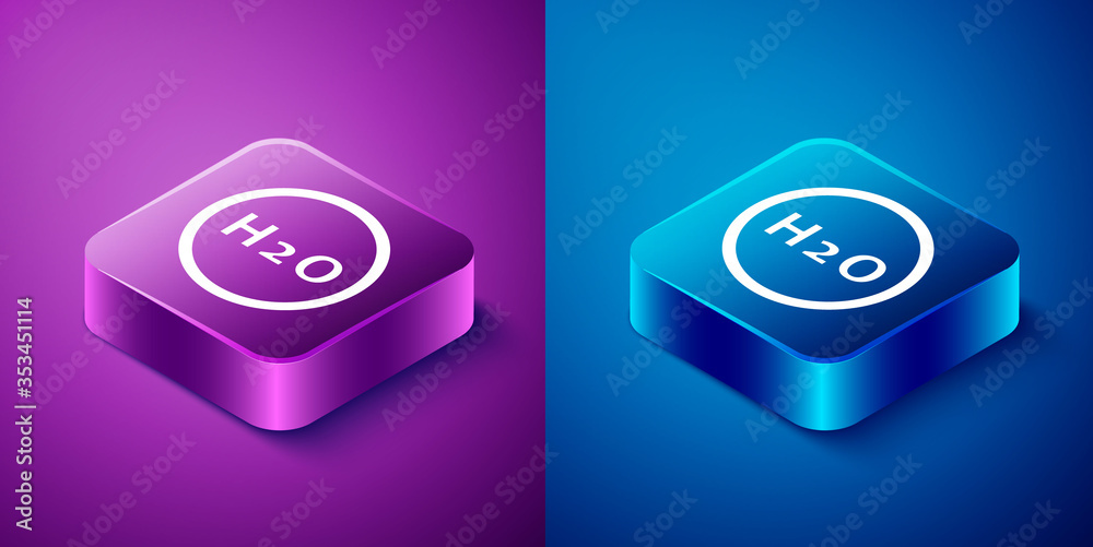Isometric Chemical formula for water drops H2O shaped icon isolated on blue and purple background. Square button. Vector Illustration. Isometric Chemical formula for water drops H2O shaped icon isolated on blue and purple background. Square button. Vector Illustration.