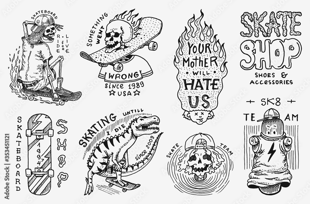 Skateboard shop badges set. Dinosaur and skeletons ride on the boards concept. Fiery head and skull. Vintage retro labels for t-shirts and typography. Hand Drawn engraved sketch.