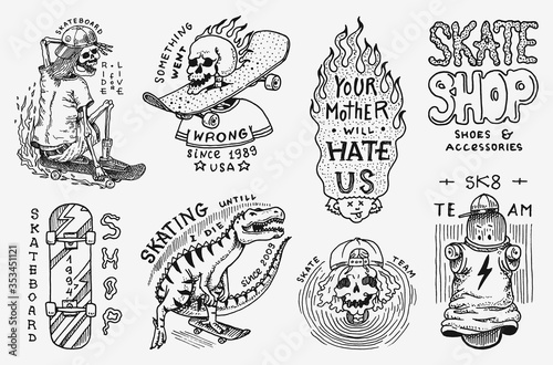 Skateboard shop badges set. Dinosaur and skeletons ride on the boards concept. Fiery head and skull. Vintage retro labels for t-shirts and typography. Hand Drawn engraved sketch.