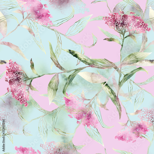 Summer Flowers Seamless Pattern. Watercolor Background.