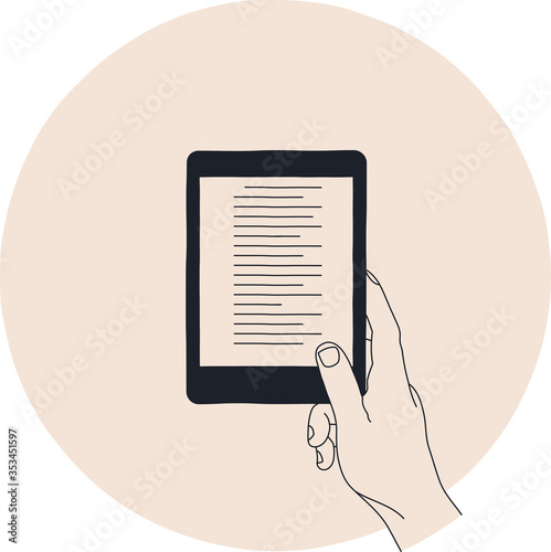 An illustration of a person holding an ebook reader, reading an electronic book. A simple cartoon style vector flat image in light colors