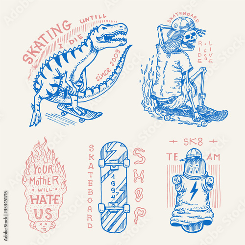 Skateboard badges and logo. Vintage retro Template for t-shirt and typography. Street dinosaur and skeletons ride on the boards. Fiery head and skull. Hand Drawn engraved sketch for shop or tattoo.