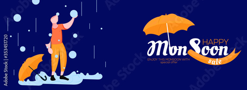 Social media banner design for happy monsoon sale with special offers with rainy background and umbrella a girl illustration with water drop. Use it sale, poster, banner, advertisement post.
