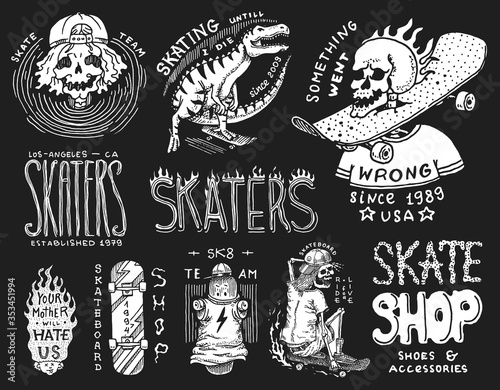 Skateboard shop badges set. Dinosaur and skeletons ride on the boards concept. Fiery head and skull. Vintage retro labels for t-shirts and typography. Hand Drawn engraved sketch.