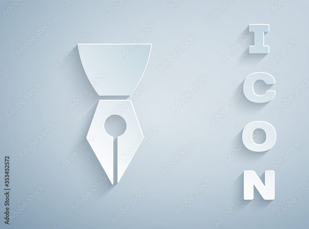 Paper cut Fountain pen nib icon isolated on grey background. Pen tool sign. Paper art style. Vector Illustration. Paper cut Fountain pen nib icon isolated on grey background. Pen tool sign. Paper art style. Vector Illustration.