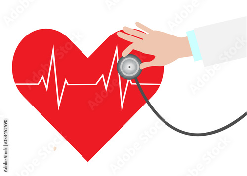 Doctor hand use stethoscope listen to red heart with ECG - EKG signal beat pulse line. Isolated on white background. Vector Illustration. Idea for annual health  check , medical healthcare concept.