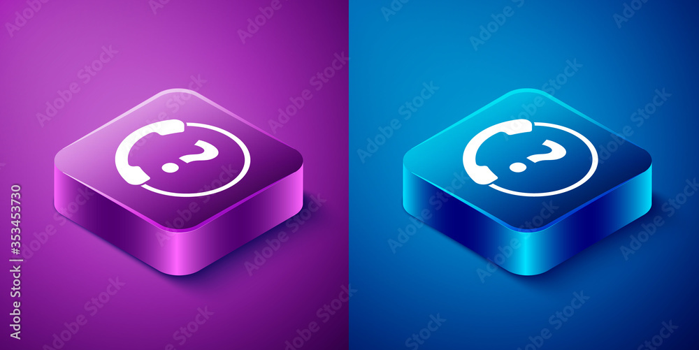 Isometric Telephone 24 hours support icon isolated on blue and purple background. All-day customer support call-center. Full time call services. Square button. Vector Illustration. Isometric Telephone 24 hours support icon isolated on blue and purple background. All-day customer support call-center. Full time call services. Square button. Vector Illustration.