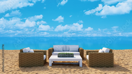 reed furniture sitting area on beach  sunny day  3D Illustration