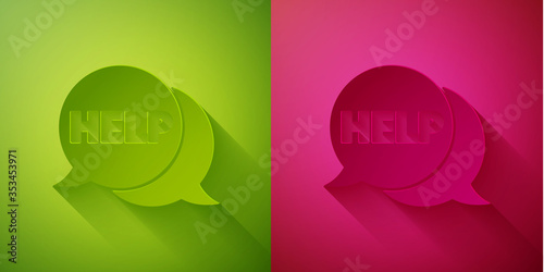 Paper cut Speech bubble with text Help icon isolated on green and pink background. Paper art style. Vector Illustration.