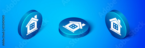 Isometric House icon isolated on blue background. Home symbol. Blue circle button. Vector Illustration.