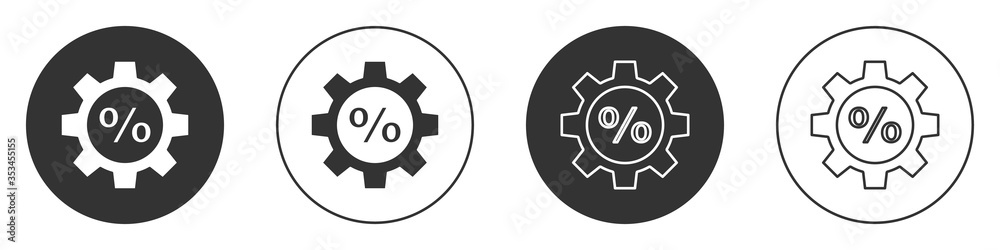 Black Gear with percent icon isolated on white background. Circle button. Vector Illustration. Black Gear with percent icon isolated on white background. Circle button. Vector Illustration.