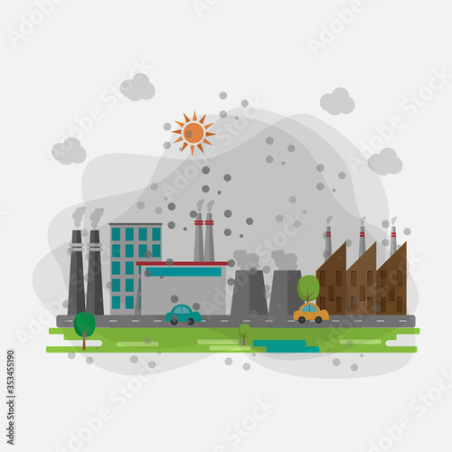 Fototapeta Naklejka Na Ścianę i Meble -  Factory indrustral covered by dust in air pollution. City building with bad weather. Vector illustration.