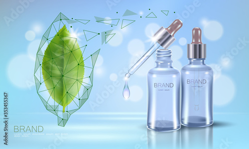 Green tea essential organic extract. Cosmetics skin care supplement. Health medicine vitamin poster template. Innovative technology green 3D realistic leaf glowing brand package vector illustration