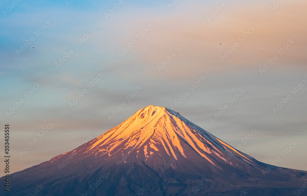 Close up view of mountain Ararat peak on the sunrise. Armenia.