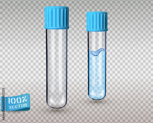 Glass test tubes with blue plastic caps. Empty and filled, on a transparent background. Vector. Element for design, advertising.